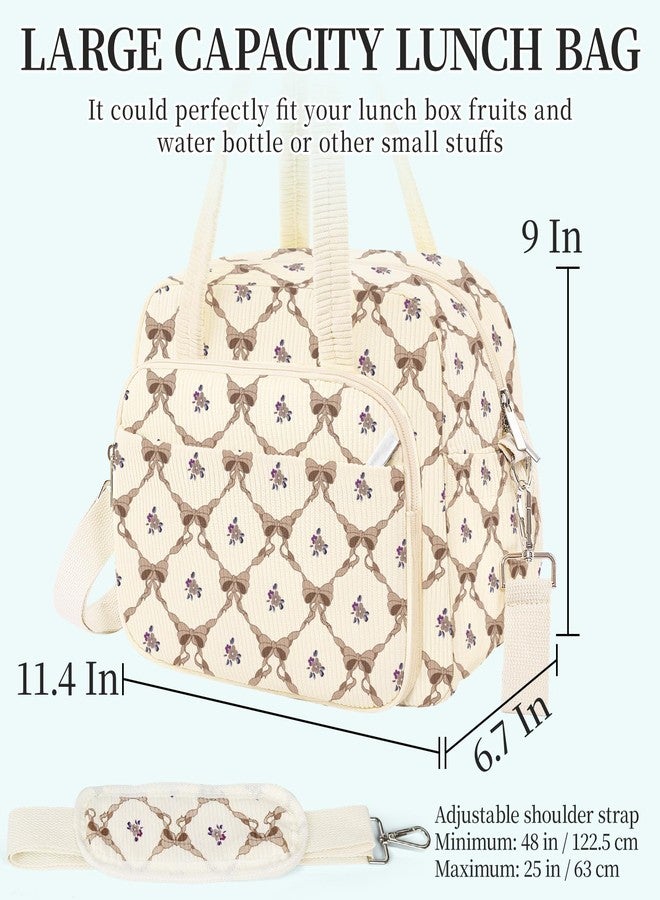 WOBAGMEN Lunch Box for Women,Insulated bow&flower Corduroy Lunch Tote Cute Lunch bag with Shoulder Strap, Multiple Pockets, Adult Teacher Nurse Bento Lunch Box for Women for work Picnic - Image 2